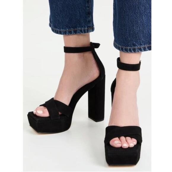 Good American Platform Block Heel Black Suede Ankle Strap Chunky Sandal 10.5 NEW - Picture 2 of 12